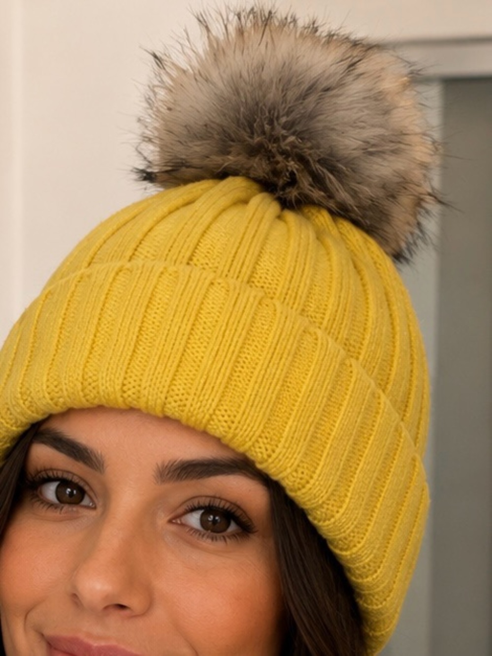 Primark Yellow Ribbed Knit Hat with Faux Fur Pom
